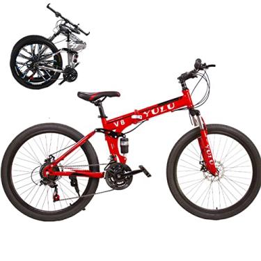 Imagem de Bicicleta dobrável portátil para adultos bicicletas dobráveis para adultos bicicleta de montanha dobrável com garfo de suspensão engrenagens de 66 cm bicicleta dobrável bicicleta da cidade moldura de aço de alto carbono, vermelho/raios, 24