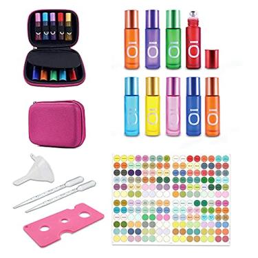 Imagem de Frasco de óleo essencial de vidro roll-on, recipiente recarregável de rolo de vidro, difusor de aroma, perfume, tampa de frasco de vidro de 10ml, frasco vazio de rolo de viagem para casa (10 peças + saco vermelho)