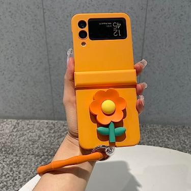 Imagem de Capa de telefone com anel circular laranja para corrente de mão para Samsung Galaxy Z Flip 4 3 5G ZFlip 5 3D Dobradiça de flor capa protetora completa, A, para Z Flip 4