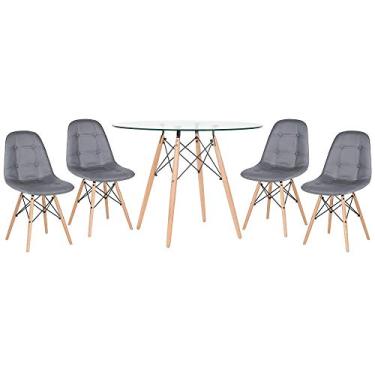 Imagem de Loft7, KIT - Mesa de vidro Eames 100 cm + 4 cadeiras Eames Botonê Cinza escuro
