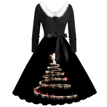 Imagem de Vestido feminino outono/inverno Natal estampado manga longa gola casual vestido justo, Cinza escuro, GG