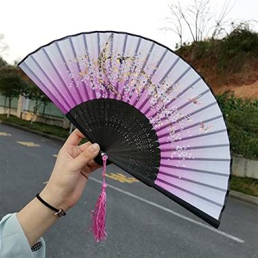 Imagem de Leque dobrável Ventiladores de mão de bambu dobráveis para casamento leque chinês japonês crianças China antigo ventilador dobrável presente eventail um principal waaiers vintage bambu acessórios decorativos feitos à mão (cor: roxo 024)