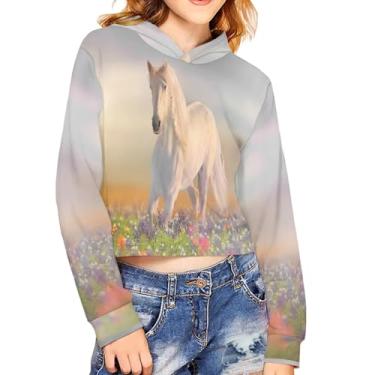 Imagem de Gzzxiailg Moletom cropped com capuz para meninas, blusas fofas para meninas manga longa pulôver moderno moletom com capuz 5-14, Cavalos brancos, 5-6 Anos