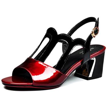 Imagem de ZIRIA Salto bloco sandália de couro envernizado feminino 5 cm sapatos de salto gatinho sandálias femininas moda elegante vinho vermelho casamento salto mules