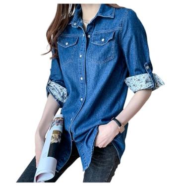 Imagem de Camisas De Jeans De Manga Longa Feminina Midi Faixa Solta Algodão Leve Jean Bloups