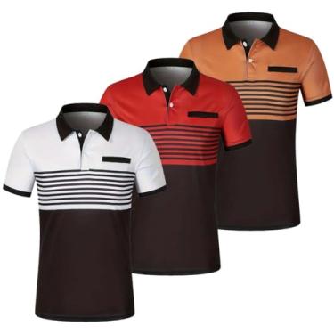 Imagem de 3 pçs/conjunto camisa polo masculina color block listrado manga curta lapela golfe camisa com bolso no peito, camiseta casual gola V, Branco + vermelho + caramelo, P