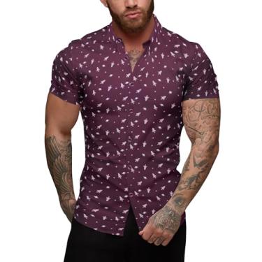 Imagem de URRU Camisa masculina masculina slim fit stretch manga curta casual abotoada para homens, Floral - vinho tinto, P