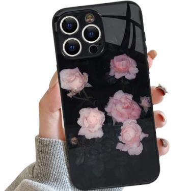 Imagem de Tcaraersing Capa floral para iPhone 15 Pro Max, estampa de flores fofas e design de vidro antiarranhões na parte de trás, capa de telefone de TPU à prova de choque para meninas e mulheres (preto/rosa