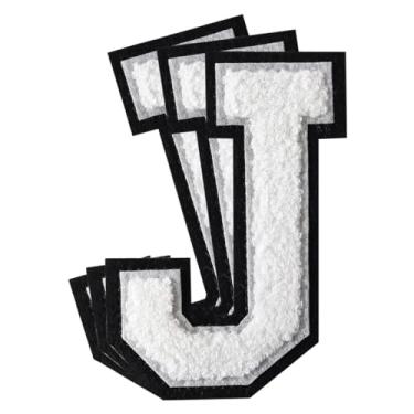 Imagem de 3 Pçs Remendos de letras de chenille de ferro em remendos universitários remendos bordados de chenille remendos costurados para roupas chapéu bolsas jaquetas camisa (branco, J)