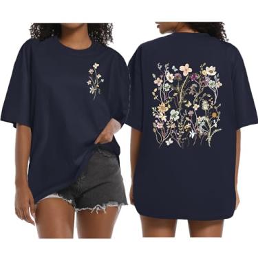 Imagem de Wrenpies Camiseta feminina com estampa floral boêmia, vintage, flores silvestres, cottagecore, jardins, amantes do jardim, Azul marinho, M