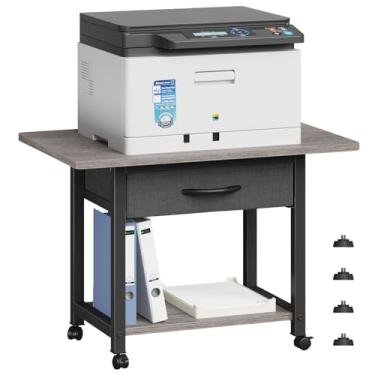 Imagem de YAOHUOO Suporte de impressora grande com prateleira de armazenamento, mesas de impressora sob a mesa de 2 camadas para espaços pequenos, impressora móvel para escritório doméstico e carrinho de impressora compatível com fax/impressora 3D / scanner (cinza)