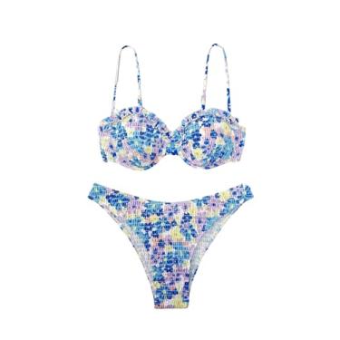 Imagem de Floerns Biquíni feminino de duas peças com acabamento floral com aro e corte alto, Roxo, azul, G