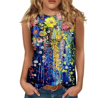 Imagem de Regatas frente única para mulheres, gola alta, sem mangas, estampa floral, camisetas casuais de verão 2024 Boho Dressy Vest, Azul, P