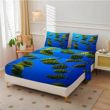 Imagem de Jogo de lençol King de peixe - Lençóis de cama azul, microfibra macia, bolso profundo e sem rugas, 4 peças (lençol com elástico, lençol de cima, fronhas)