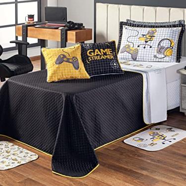 Imagem de Kit Cobre Leito Colcha SOLTEIRO 05 Peças Game Streamer Dupla Face com Almofadas Estampadas - Jogo Conjunto Decoração Roupa de Cama Infantil Juvenil Gamer (Amarelo)
