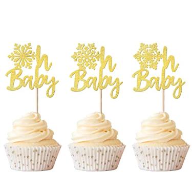 Imagem de Rsstarxi 36 Pack Oh Baby Snowflake Cupcake Toppers Glitter Winter Frozen Them Oh Baby Snowflake Cupcake Picks Decoration for Baby Shower Birthday Christmas Party Cake Decorations Supplies Gold