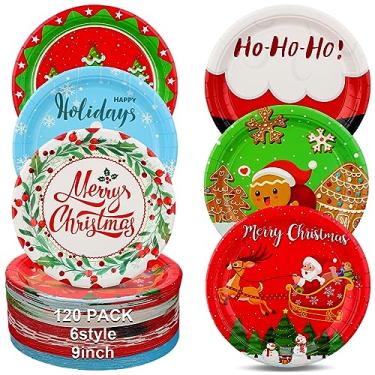 Imagem de Sliner 120 peças pratos de sobremesa de papel pratos descartáveis Papai Noel boneco de neve guirlanda de Natal design de homem de gengibre, para suprimentos de festa de Natal, decorações de festa de Natal, 6 estilos (9 polegadas)