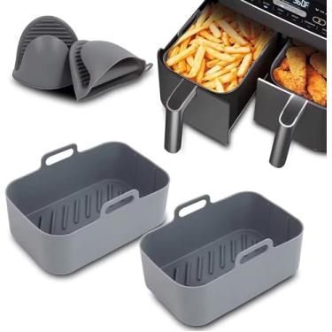 Imagem de Pacote com 2 forros de silicone para fritadeira, reutilizáveis compatíveis com todos os Ninja Foodis DZ201, DZ401, DZ550, COSORI, Chefman, Instant Air Fryer e cestas 6 em 1 8-10QT Air Fryer