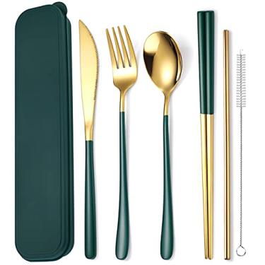 Imagem de AARainbow Conjunto de talheres de aço inoxidável de 6 peças, portátil, reutilizável, conjunto de talheres de viagem, incluindo hashis, faca, garfo, colher canudos, escova de limpeza, lavável na lava-louças (ouro verde)
