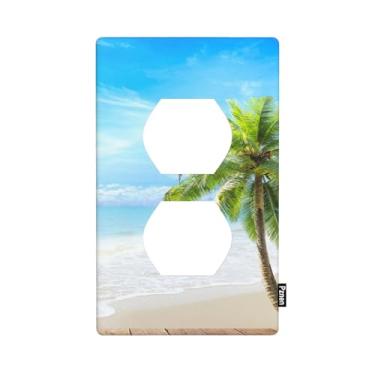 Imagem de Pznen Hawaiian Beach Ocean Outlet Covers Summer Tropical Palm Tree Waves Sand Sunshine Seaside Floor Plank Light Switch Plate 1 Gang Duplex Outlet Wall Plate para decoração de casa