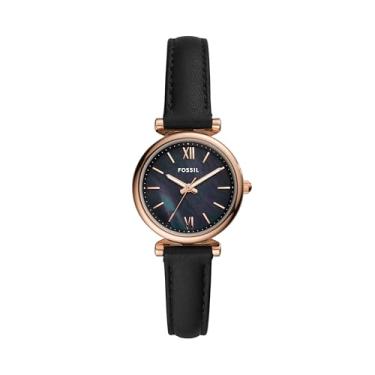 Imagem de Fossil Relógio feminino Carlie Quartz de aço inoxidável com três ponteiros, Couro preto/ouro rosa, Mini, Carlie Mini