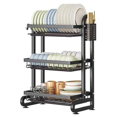 Imagem de Escorredor de pratos preto de 2 camadas com bandeja coletora, escorredor de pratos com suporte de utensílios, escorredor de pratos para cozinha pequena e organizador de cozinha