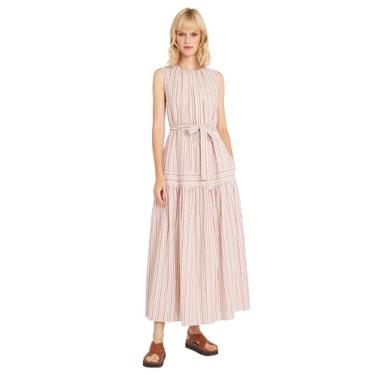 Imagem de Luxely Sem mangas, gola redonda, evasê, maxi cintura | Vestidos casuais de verão para mulheres, marrom/marfim, G