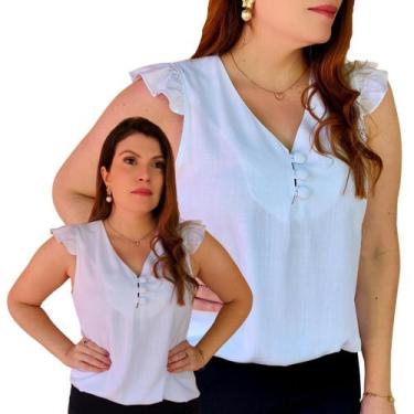 Imagem de Blusa Social Regata Babado Bufante Feminina Botões Tecido Viscolinho -