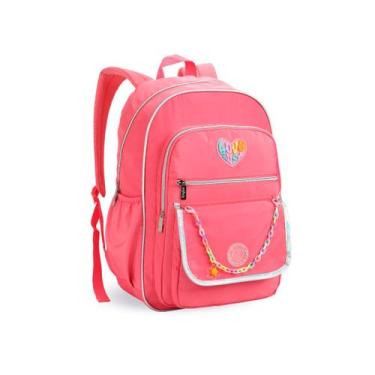 Imagem de Mochila Escolar Rosa Grande Feminina Bolso Frontal e Lateral Juvenil A