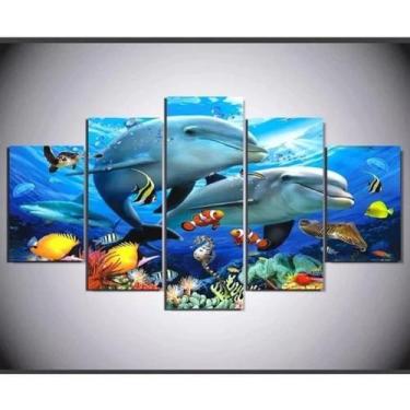 Imagem de Kit Painel Quadro Mosaico Para Sala 5 Partes Fundo Do Mar Peixe - CP