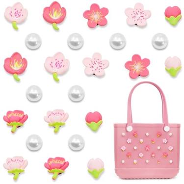 Imagem de QTKJ Acessórios para Bolsa Bogg, Decoração de Flores Rosas e Pérolas para Encantos de Saco Bogg, Compatível com Mulheres Bolsa de Praia de Borracha, 23 Pçs, Resina, resina