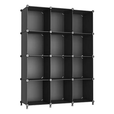 Imagem de AWTATOS Organizador de armazenamento de cubo modular para armazenamento de 12 cubos, prateleiras de plástico para armazenamento com martelo de madeira, solução ideal para armazenamento em casa, escritório, quarto, preto