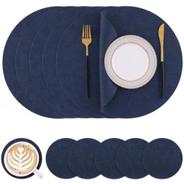 Imagem de Homaxy Jogo americano e porta-copos redondos de couro sintético, tapetes de mesa laváveis de dois lados, tapetes de jantar resistentes ao calor limpáveis para ambientes externos e internos, conjunto