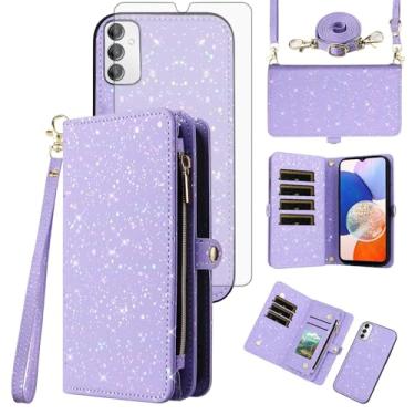 Imagem de Asuwish Capa de telefone para Samsung Galaxy A14/M14 5G Carteira com zíper magnética destacável com protetor de tela de vidro temperado e compartimento para cartão com glitter, suporte celular A 14 4G