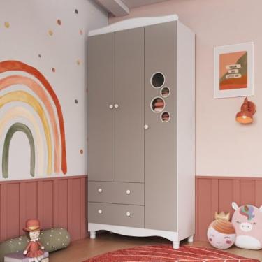 Imagem de Guarda-roupa Infantil 3 Portas e 2 Gavetas com Nichos e Cabideiro para Quarto de Bebê