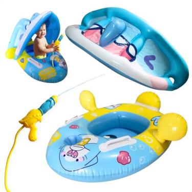 Imagem de Kit bote inflavel Boia infantil bebê 12 meses com proteção contra sol cobertura solar para piscina praia verão + brinquedo pistola d'agua presente menino natal menina 1 ano dia das crianças (Azul)