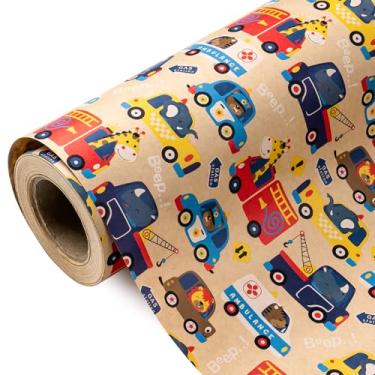 Imagem de WRAPAHOLIC Papel de embrulho Kraft para carro – Mini rolo – 43 cm x 40 cm – design adorável de animais de bombeiros da polícia, perfeito para crianças, meninos, aniversário, chá de bebê