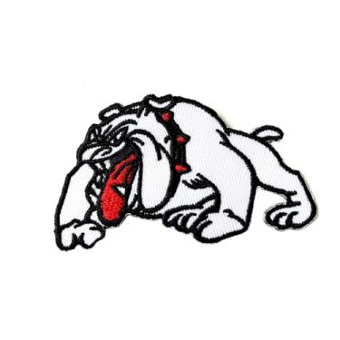 Imagem de Ploen Buldogue branco Pitbull cão animal de estimação bonito desenho animado motociclista motocicleta logotipo costura ferro em aplique bordado crachá sinal remendos roupas fantasia
