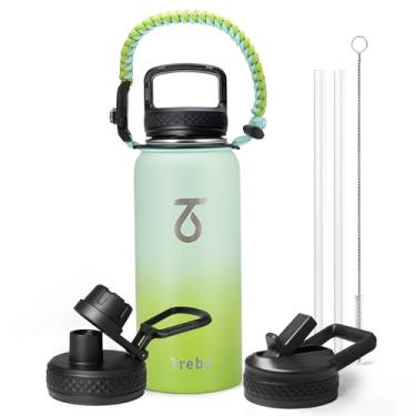 Imagem de Garrafa térmica de água Trebo com tampa e canudo, esportiva, de aço inoxidável com parede dupla a vácuo, com alça de paracord, mantém quente 24 h/frio 48 h, copo com 3 tampas, 946 ml, verde-escura