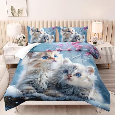 Imagem de AILONEN Jogo de edredom de gato kawaii 3D para decoração de quarto, tamanho Queen, conjunto de edredom de gato kawaii, com flor de ameixa e neve, 1 colcha, 2 fronhas, 3 peças