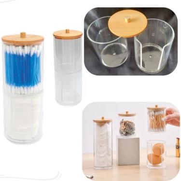 Imagem de Porta Algodão Cotonetes Duplo Tampa Bambu Acrílico Multiuso - Quero & 