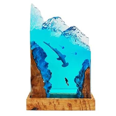 Imagem de Candeeiro de oceano feito à mão arte em resina sob o mar, iceberg, paisagem, mergulhador, baleia, tubarão, água-viva, base de madeira, resina epóxi, lâmpada noturna quente, LED, brilhante, relâmpago,