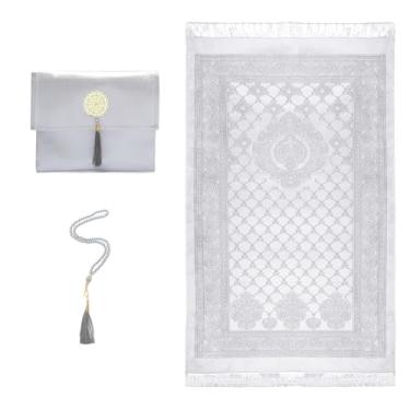 Imagem de Lenmipot Tapete de oração Namaz muçulmano cobertor portátil Ramadã oração tapete macio islâmico Eid conjunto de tapete de presente com contas tapete fino muçulmano - prata