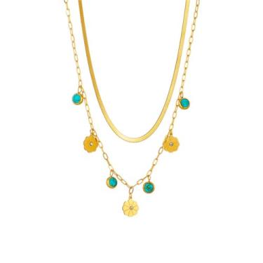 Imagem de Colar feminino com corrente de serpente de margarida em camadas, aço inoxidável cirúrgico, banhado a ouro, turquesa, pedra do mês de nascimento, pingente moderno, joia Mom Sis BFF, 40,6-45,7 cm,
