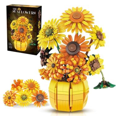 Imagem de Conjunto de blocos de construção chanbrick Sunflower com vaso Van Gogh 1009 unidades
