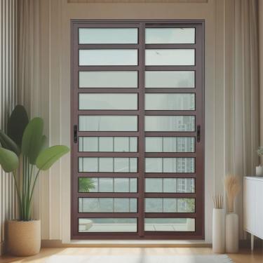 Imagem de Porta de Correr com Travessas 2 Folhas Moveis 210 X 120 Elite com Fecho Automático Vidro Liso