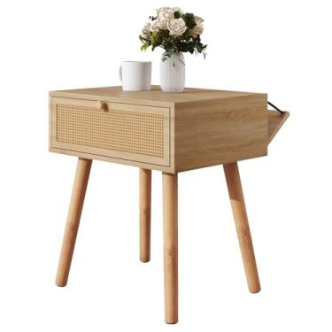 Imagem de IBUYKE Mesas de cabeceira com compartimento oculto, mesa de cabeceira de vime com pernas de madeira, móveis de ocultação de mesa lateral boho, mesa de cabeceira para quarto, fácil montagem, natural