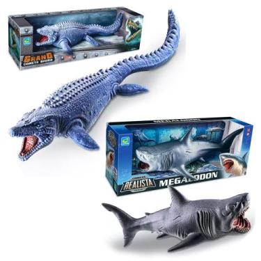 Imagem de 2 Brinquedos Tubarão Megalodon e Dinossauro Mosassauro 45cm - Cometa