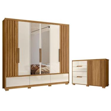 Imagem de Guarda Roupa Casal Amazonas e Cômoda Texas Freijó Off White com Espelho - Moval