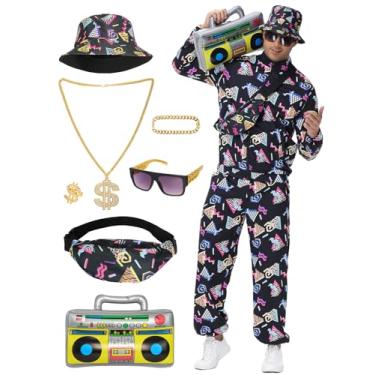 Imagem de FEELJAM Conjuntos de roupas masculinas dos anos 80 e 90, roupas esportivas masculinas dos anos 80, 9 peças, Preto, G